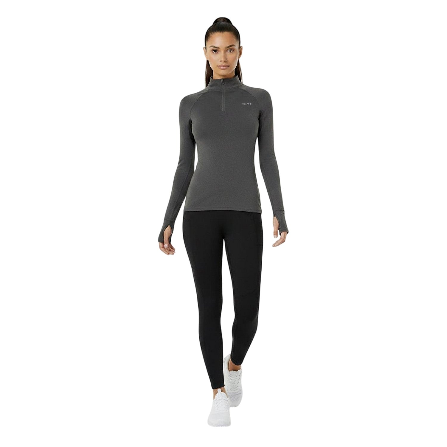 Charcoal - Pack Shot - USA Womens-Ladies Plain Long-Sleeved Base Layer Top