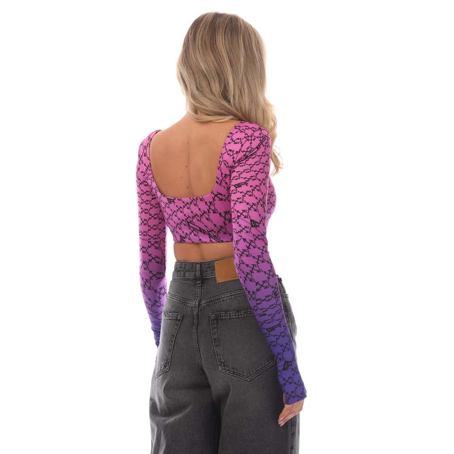 Pink-Blue - Side - Off White Womens-Ladies Monogram Long-Sleeved Crop Top