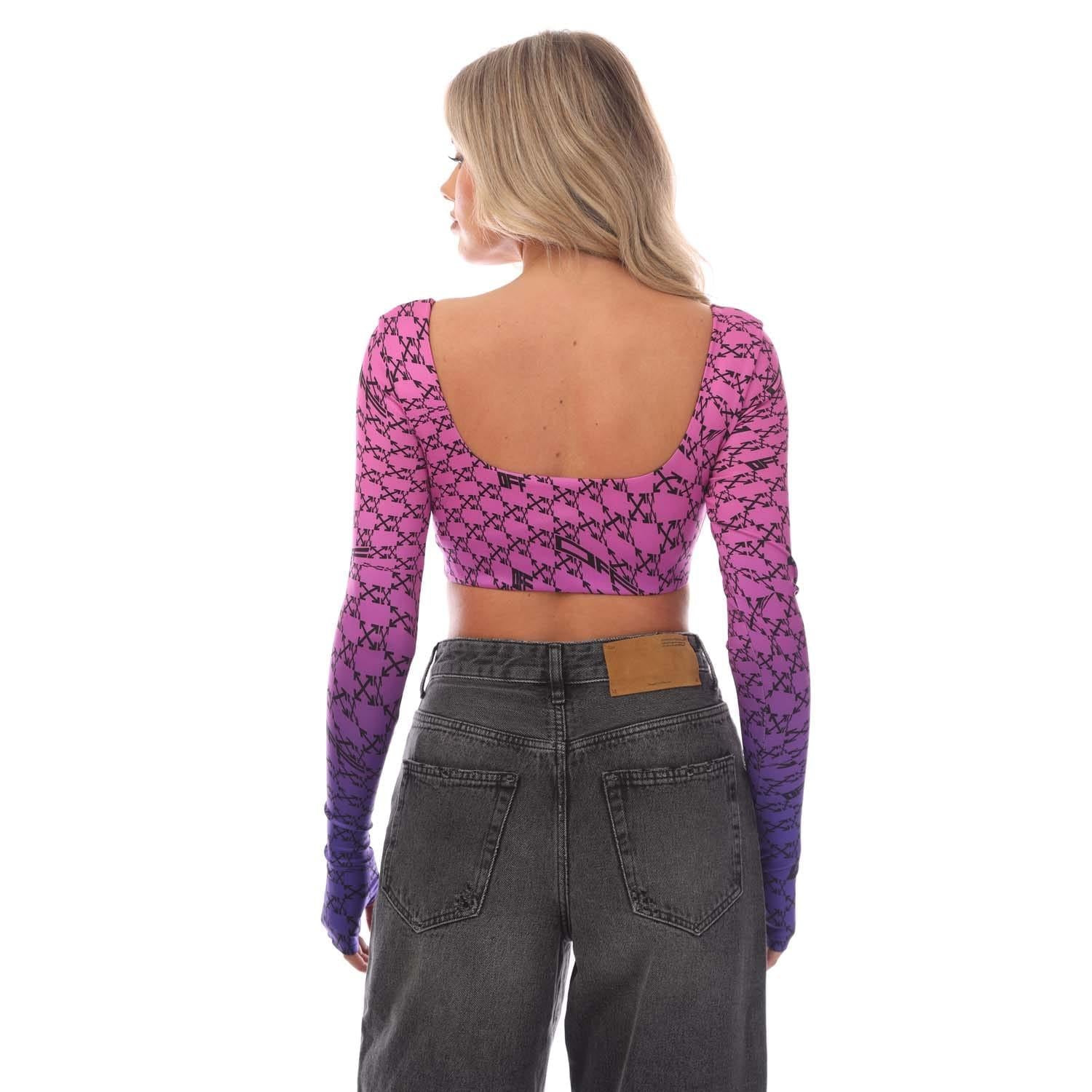 Pink-Blue - Back - Off White Womens-Ladies Monogram Long-Sleeved Crop Top