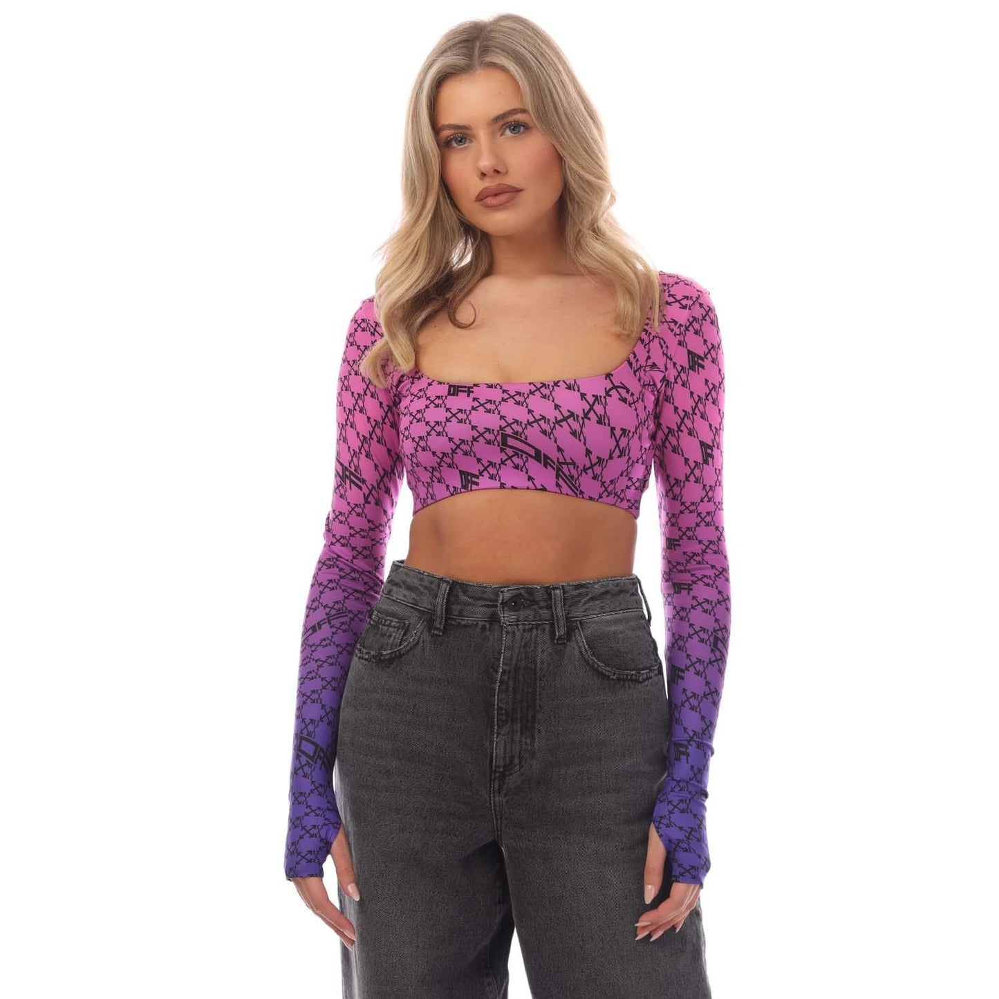 Pink-Blue - Lifestyle - Off White Womens-Ladies Monogram Long-Sleeved Crop Top