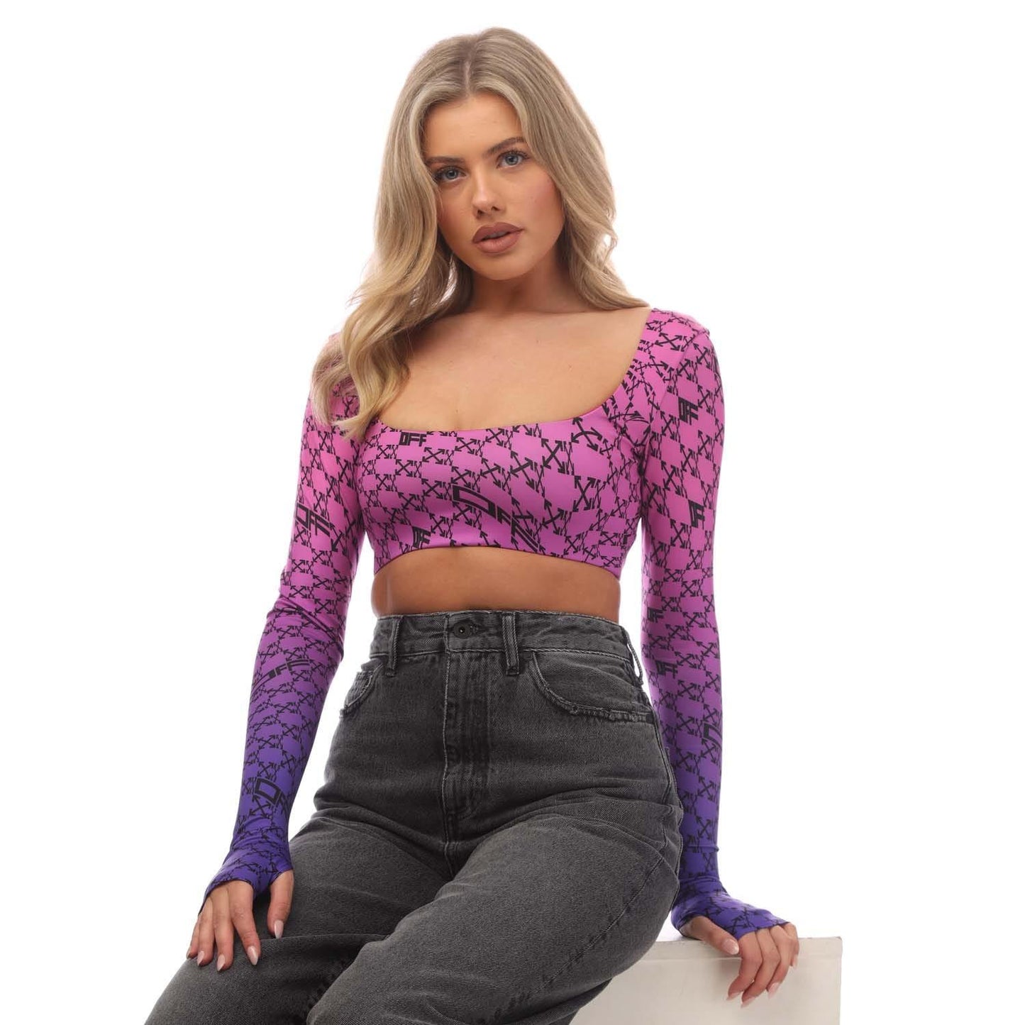 Pink-Blue - Pack Shot - Off White Womens-Ladies Monogram Long-Sleeved Crop Top