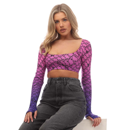 Pink-Blue - Pack Shot - Off White Womens-Ladies Monogram Long-Sleeved Crop Top