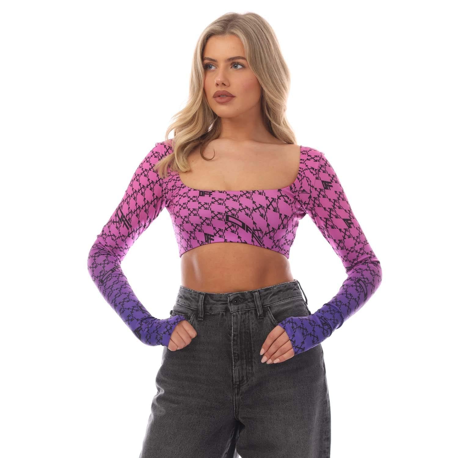 Pink-Blue - Front - Off White Womens-Ladies Monogram Long-Sleeved Crop Top
