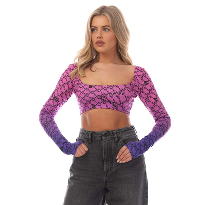 Pink-Blue - Front - Off White Womens-Ladies Monogram Long-Sleeved Crop Top