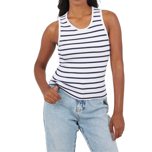 White-Navy - Front - Brave Soul Womens-Ladies Striped Tank Top