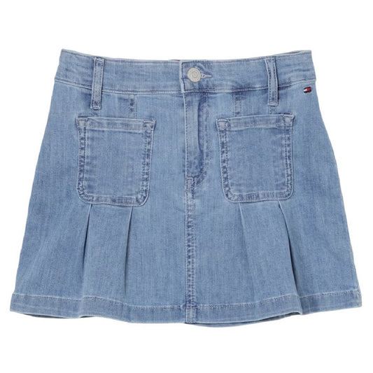Blue - Front - Tommy Hilfiger Girls Pleated Denim Mini Skirt