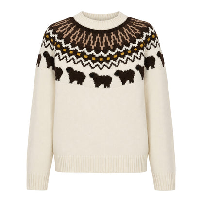 Antique White - Front - Hunter Womens-Ladies Fair Isle Crew Neck Long-Sleeved Sweater Top