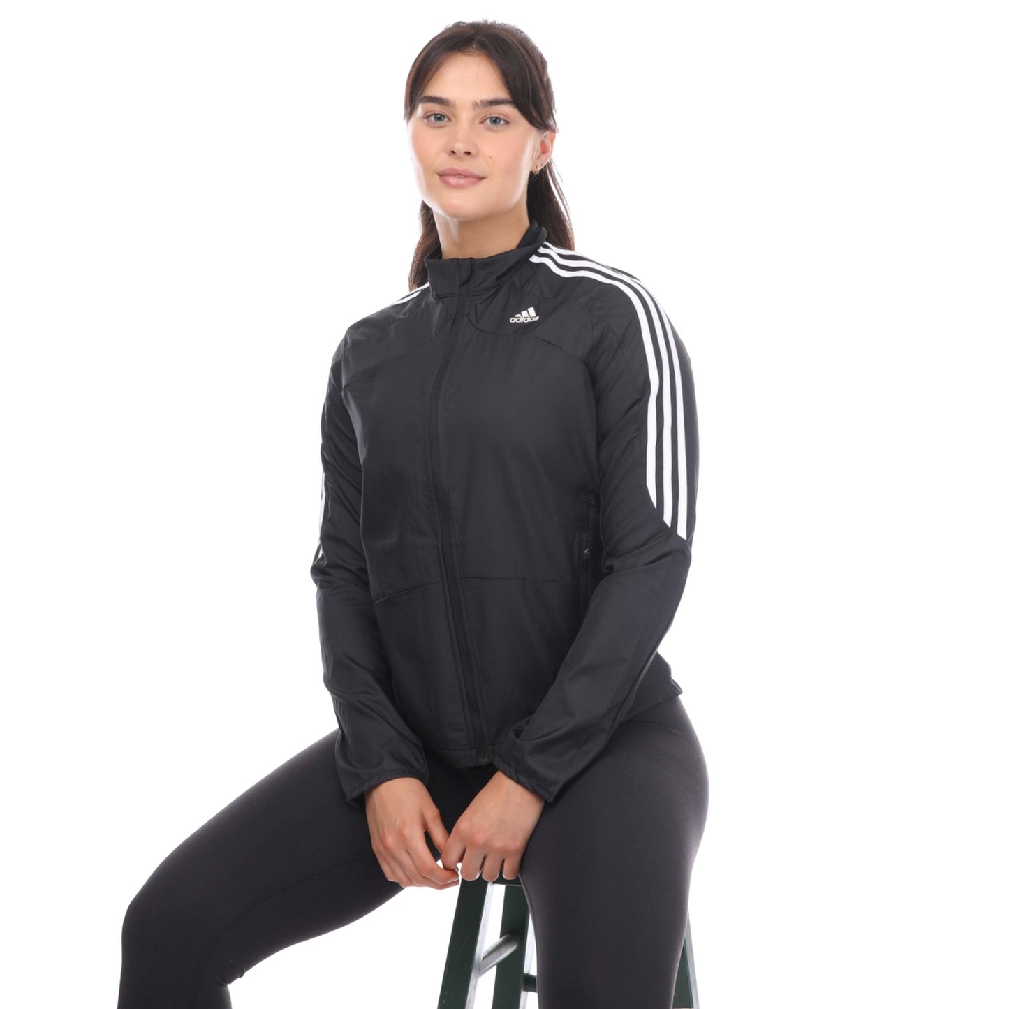 Black - Lifestyle - Adidas Womens-Ladies Marathon 3 Stripes Running Jacket