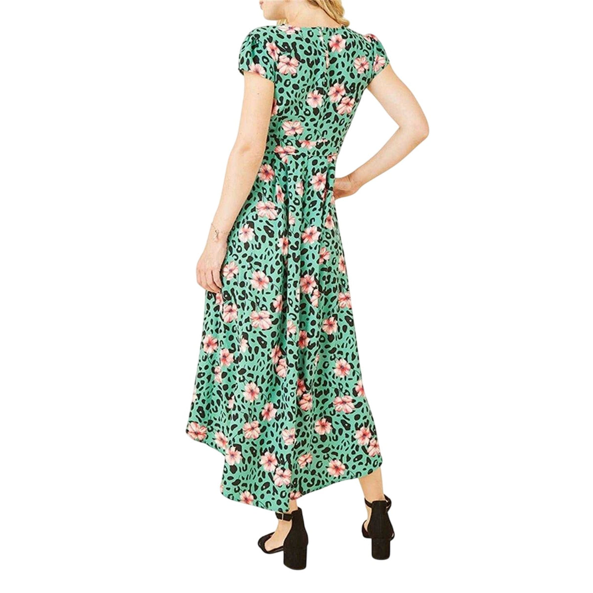 Green - Back - Mela London Womens-Ladies Animal Print Flutter Wrap Dress
