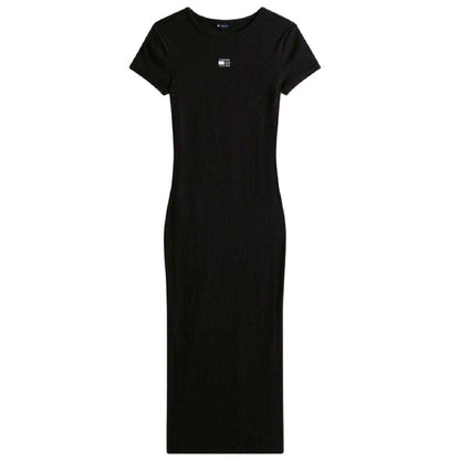 Black - Front - Tommy Jeans Womens-Ladies Badge Crew Neck Bodycon Dress