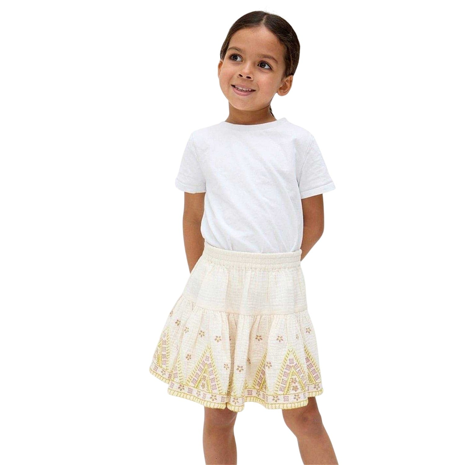 Ecru - Back - Raffya Girls Staranisse Embroidered Cotton Skirt
