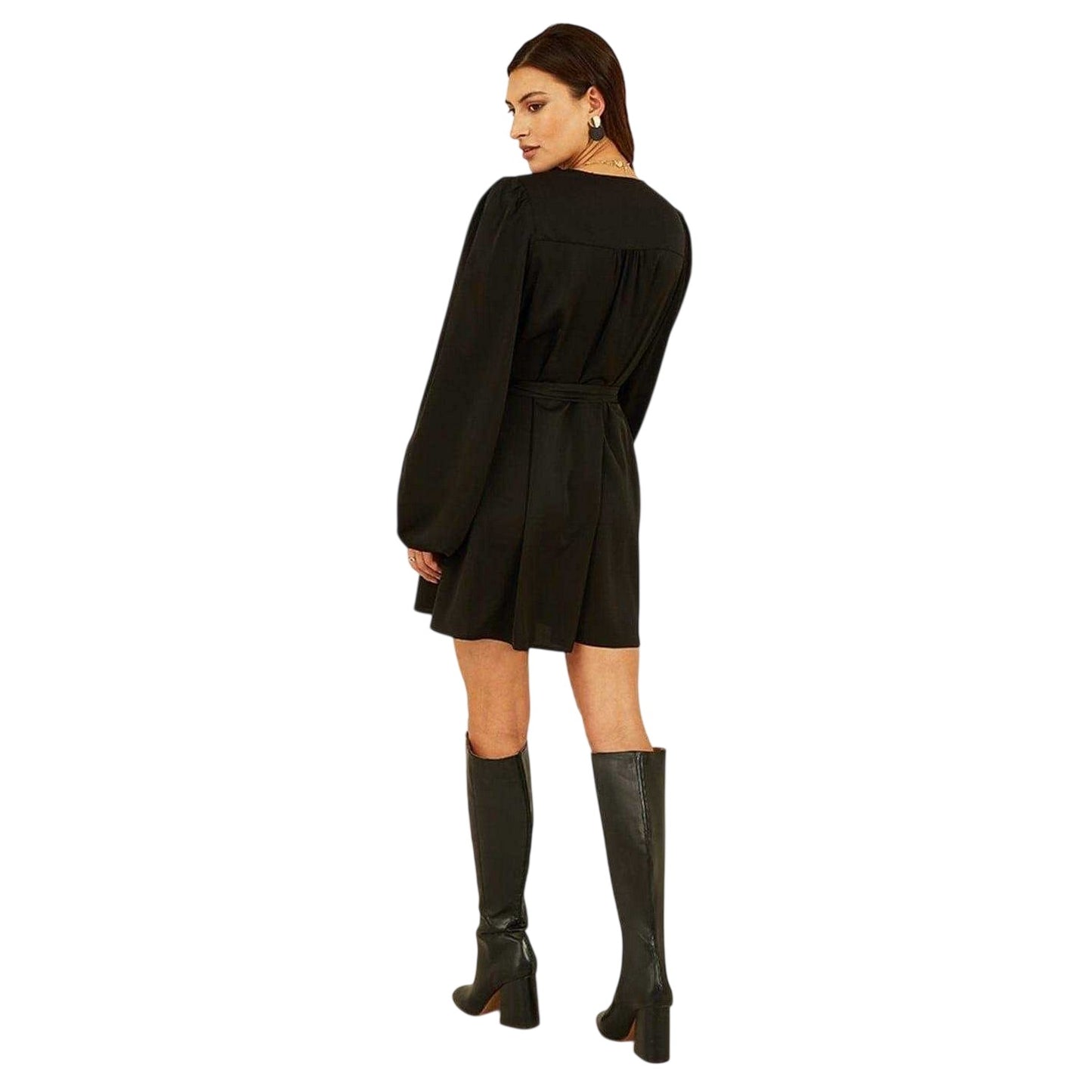 Black - Back - Mela London Womens-Ladies V Neck Balloon Sleeve Mini Shirt Dress