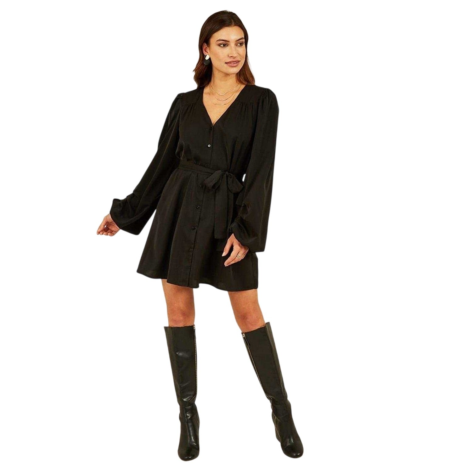 Black - Side - Mela London Womens-Ladies V Neck Balloon Sleeve Mini Shirt Dress