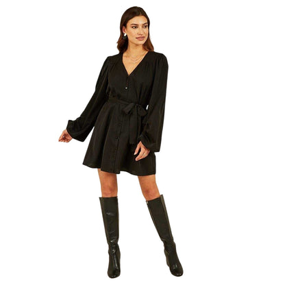 Black - Side - Mela London Womens-Ladies V Neck Balloon Sleeve Mini Shirt Dress