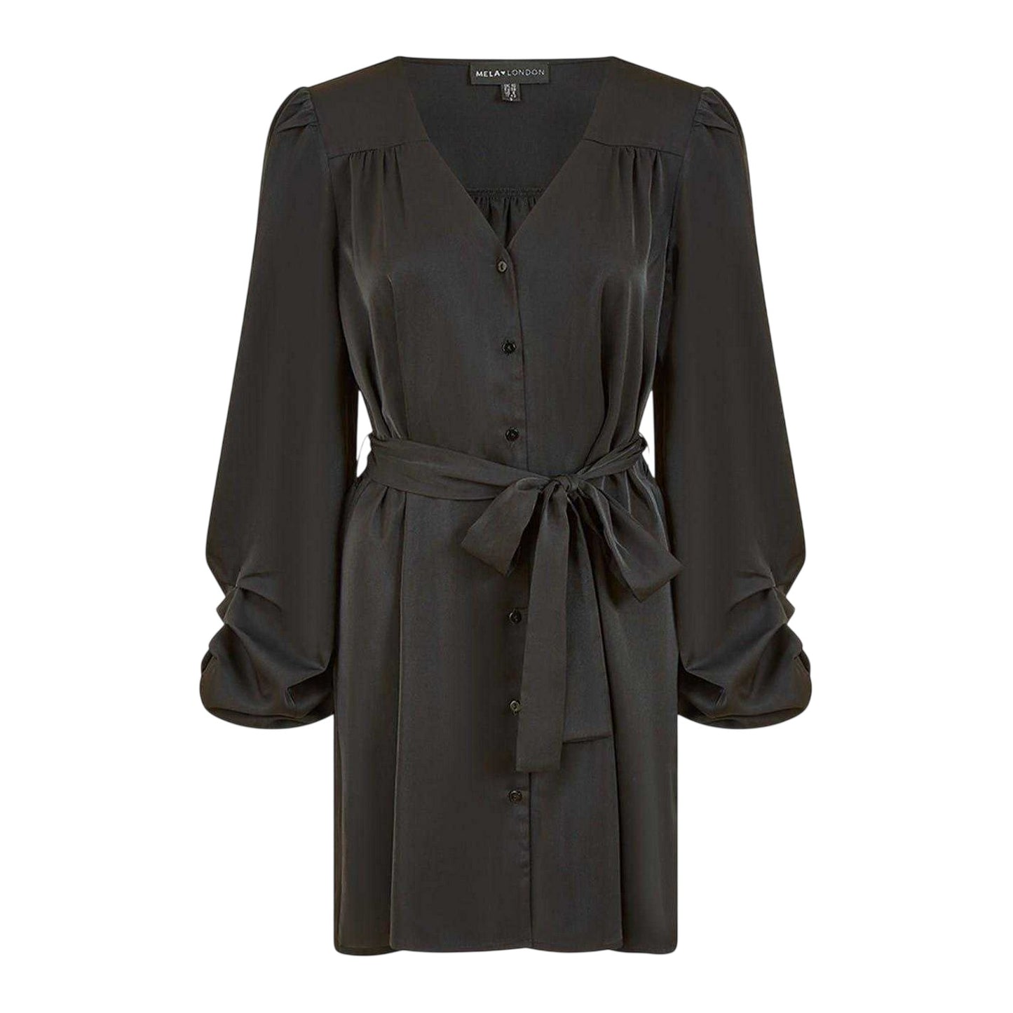 Black - Front - Mela London Womens-Ladies V Neck Balloon Sleeve Mini Shirt Dress