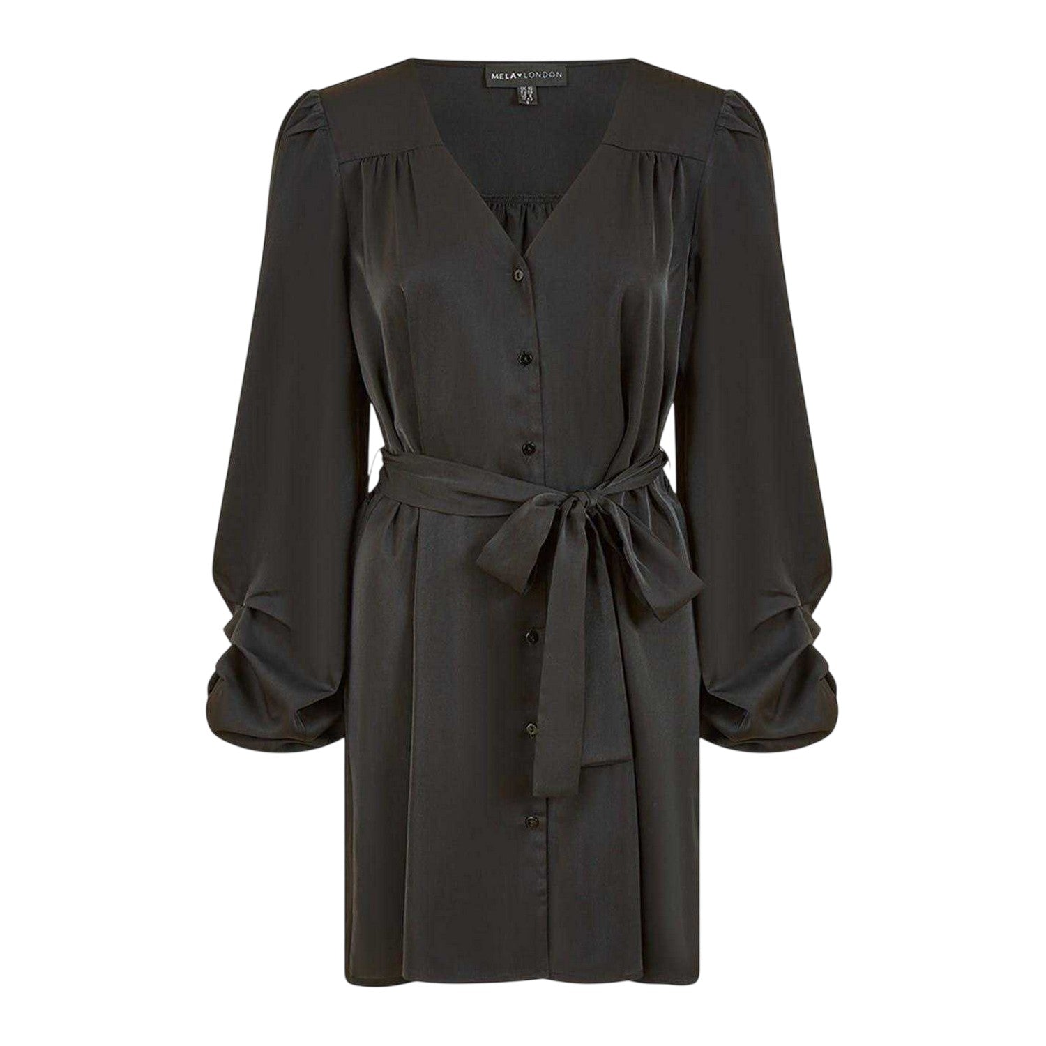 Black - Front - Mela London Womens-Ladies V Neck Balloon Sleeve Mini Shirt Dress