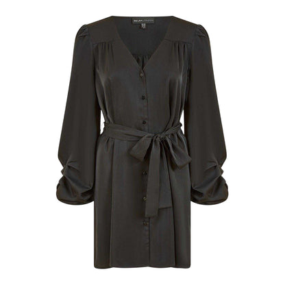 Black - Front - Mela London Womens-Ladies V Neck Balloon Sleeve Mini Shirt Dress