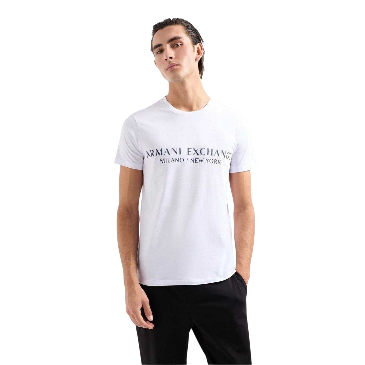 White - Side - Armani Exchange Mens Lettering Crew Neck Regular T-Shirt