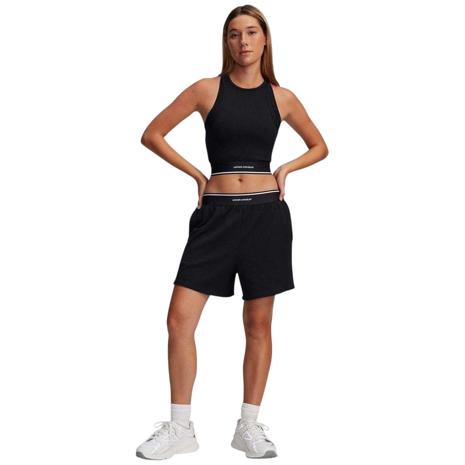 Black - Side - Under Armour Womens-Ladies Meridian Cropped Slim Sleeveless Tank Top
