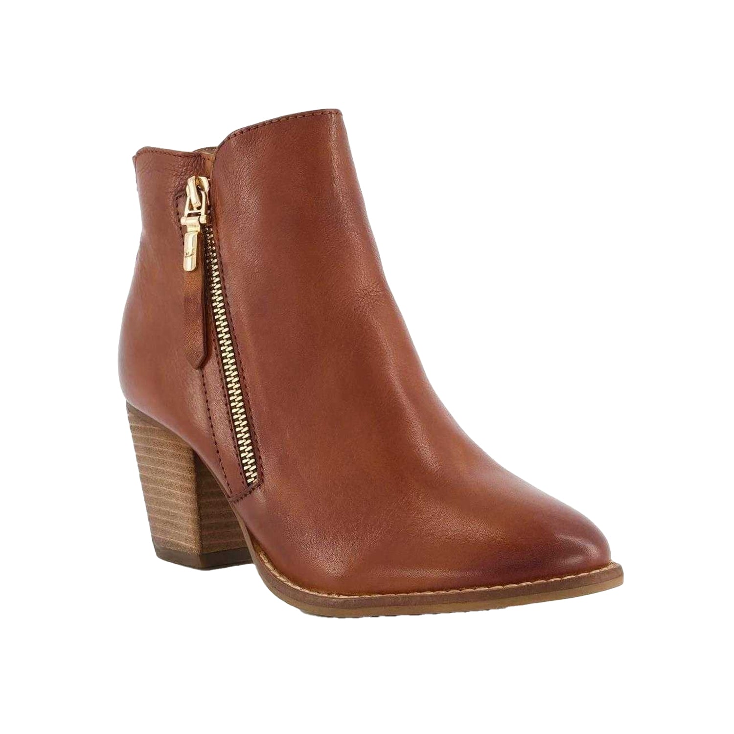 Tan - Lifestyle - Dune London Womens-Ladies Paice Leather Side Zip Block Heel Ankle Boots