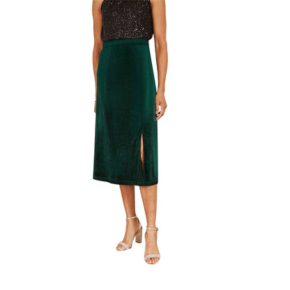 Green - Side - Yumi Womens-Ladies Velvet Midi Skirt