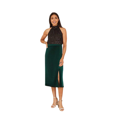 Green - Lifestyle - Yumi Womens-Ladies Velvet Midi Skirt