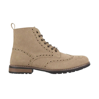 Camel - Front - Nicholas Deakins Mens Brogue Detailing Block Heel Boots