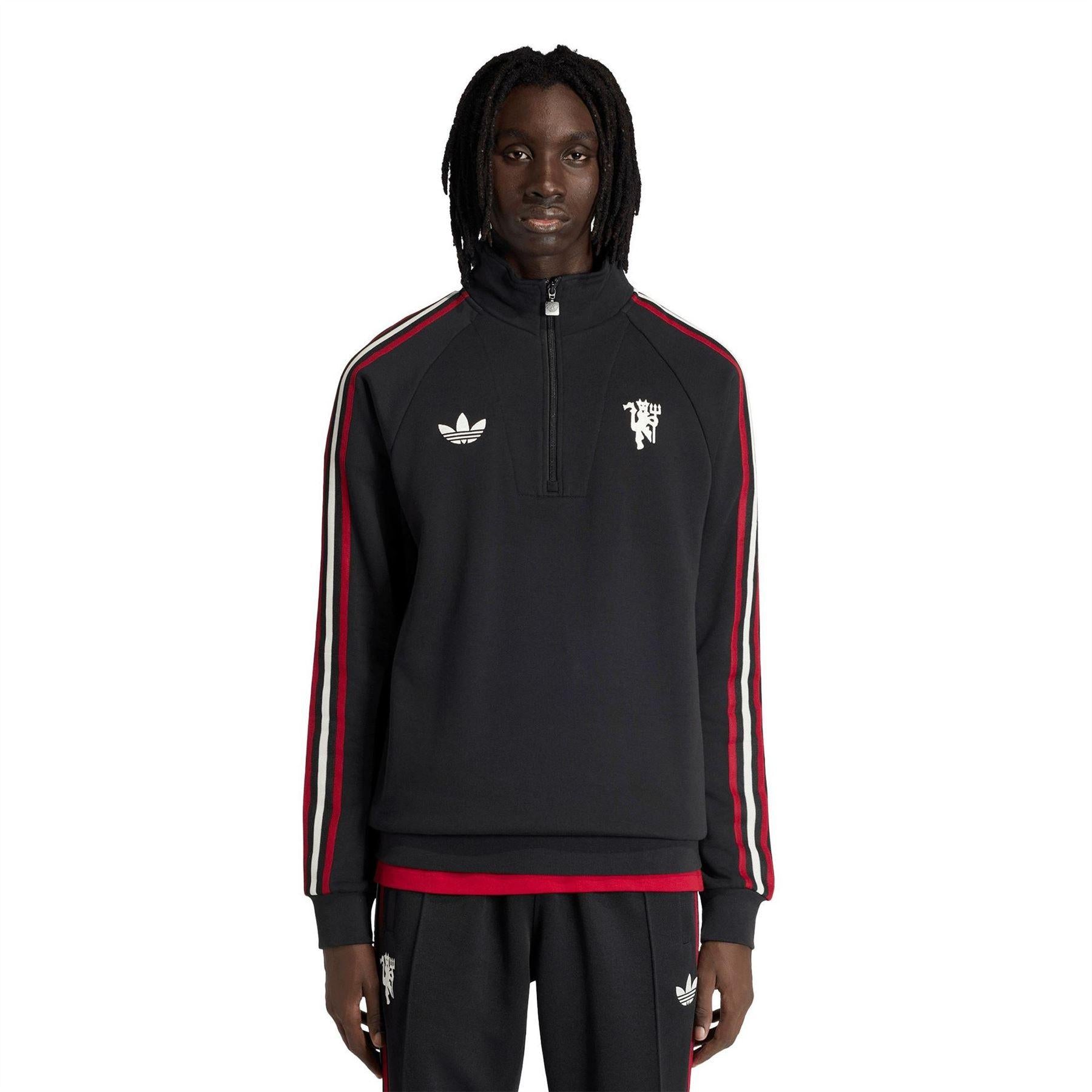 Black-White - Side - Manchester United FC Mens Originals Adidas Half Zip Jumper