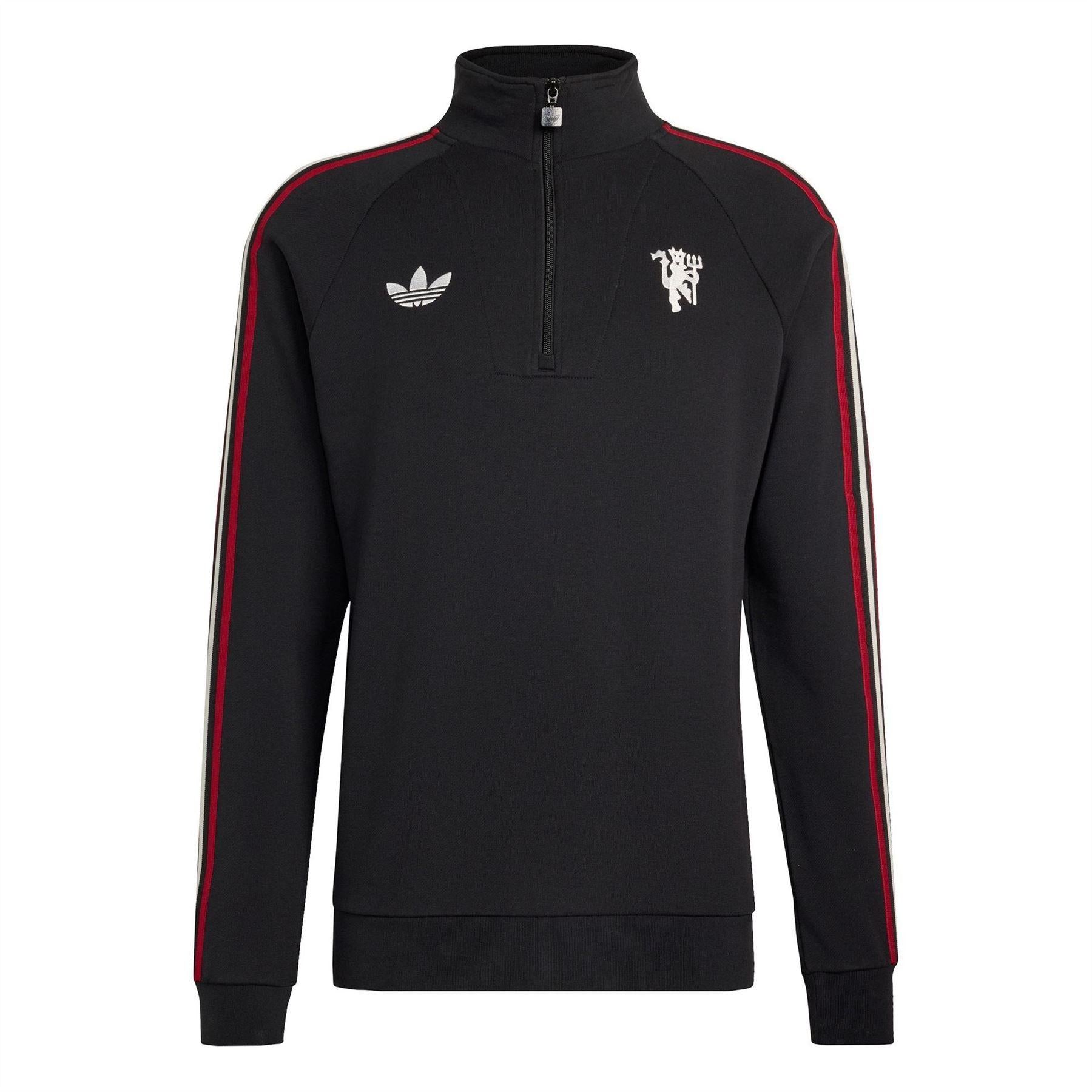 Black-White - Front - Manchester United FC Mens Originals Adidas Half Zip Jumper