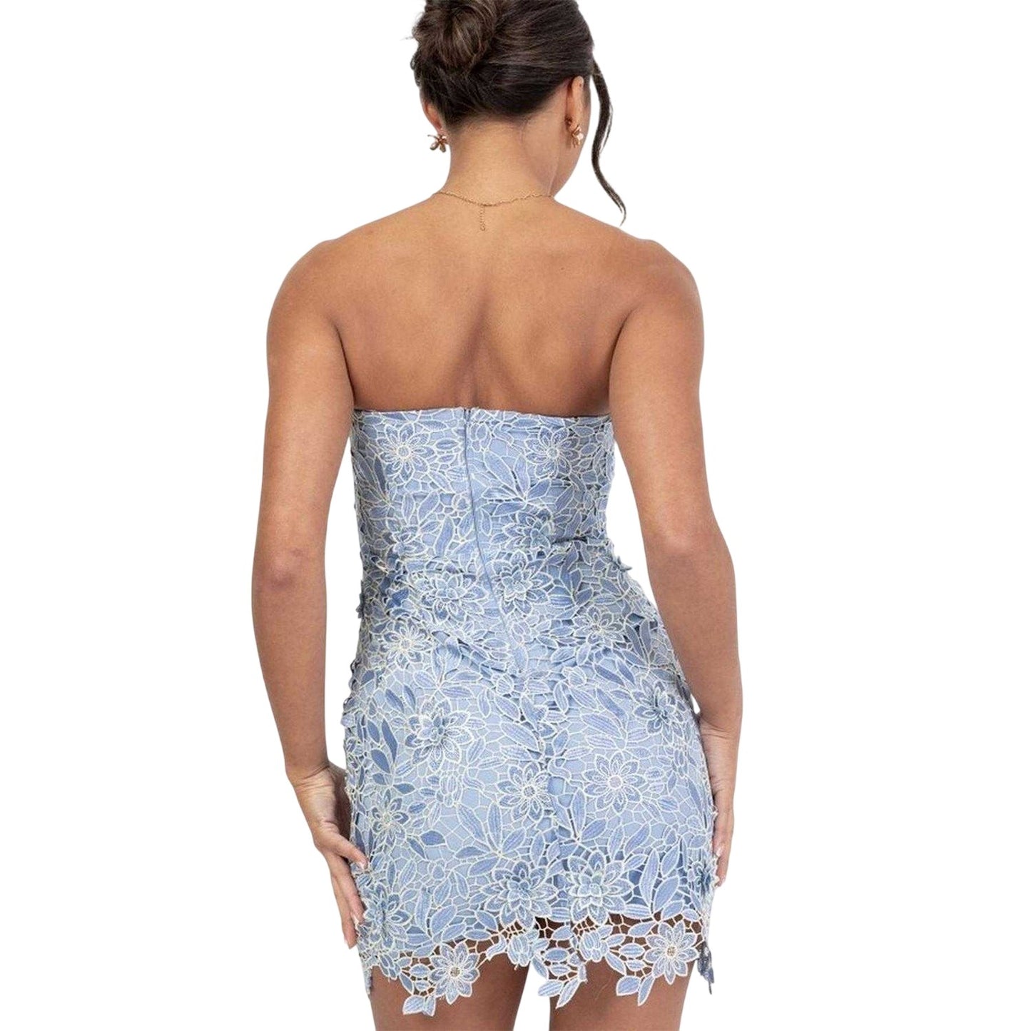 Blue - Back - Deluxe Womens-Ladies Floral Bandeau Mini Dress