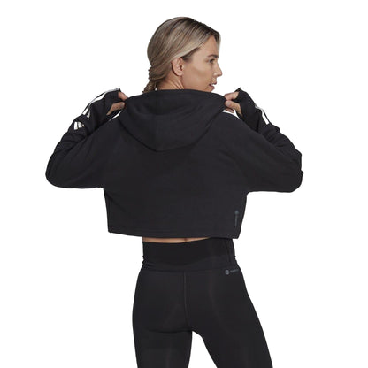 Black-White - Back - Adidas Womens-Ladies Train Essentials Stripe Cotton Cropped Hoodie