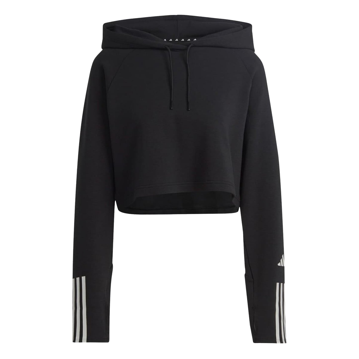 Black-White - Front - Adidas Womens-Ladies Train Essentials Stripe Cotton Cropped Hoodie