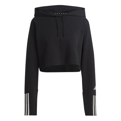 Black-White - Front - Adidas Womens-Ladies Train Essentials Stripe Cotton Cropped Hoodie