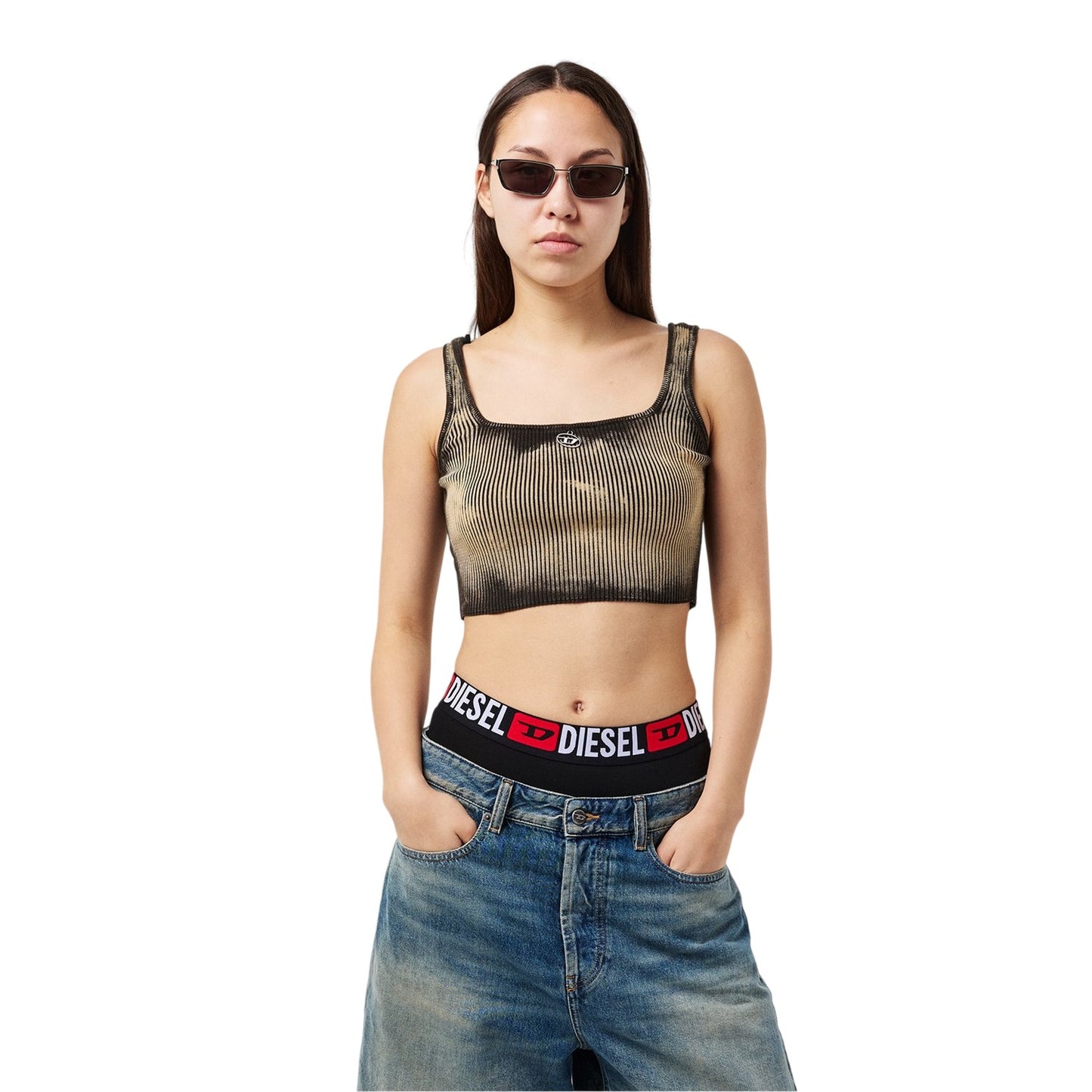 Black-Beige - Side - Diesel Womens-Ladies Cropped Slim Tank Top