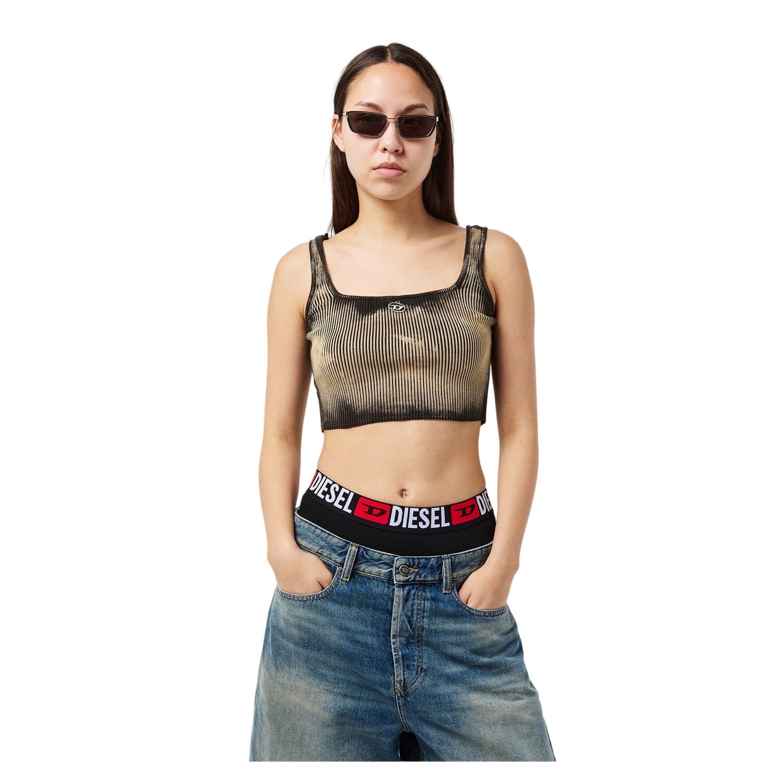 Black-Beige - Side - Diesel Womens-Ladies Cropped Slim Tank Top