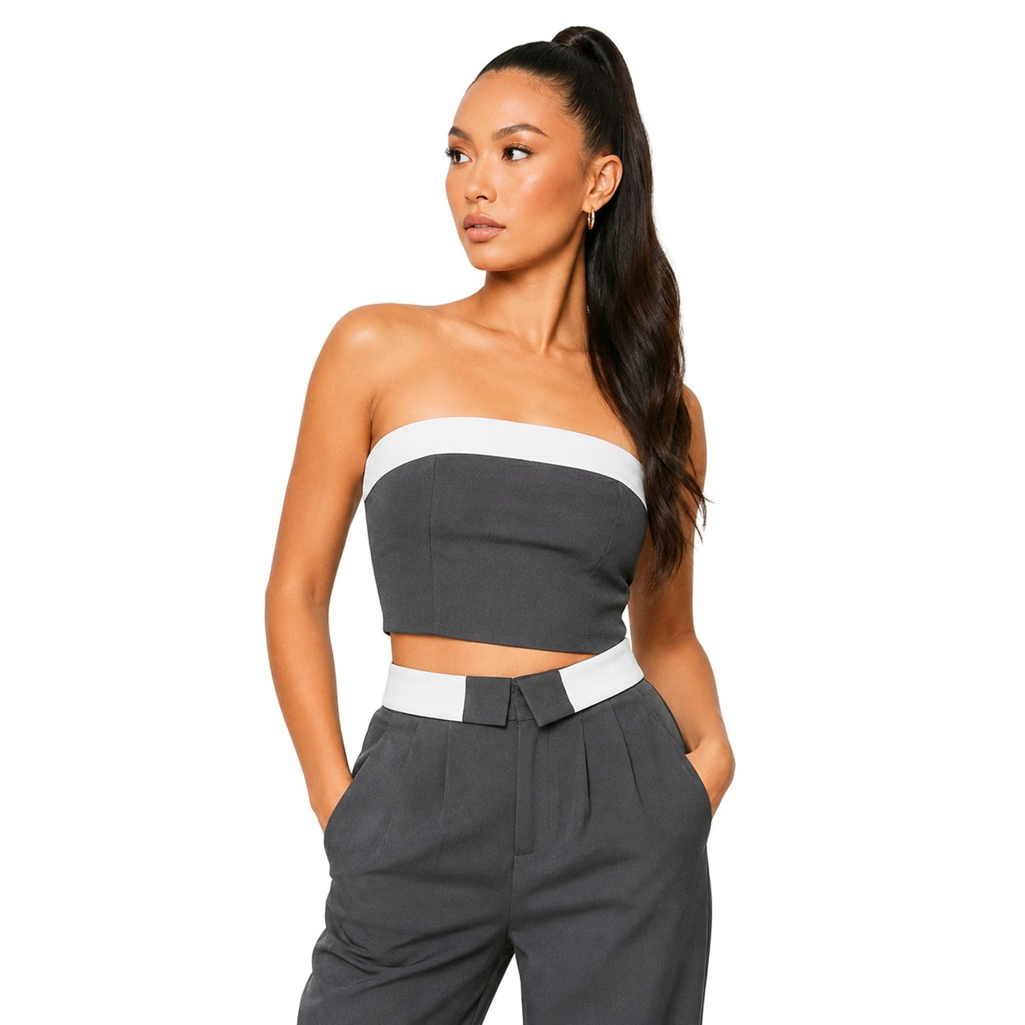 Charcoal - Front - Missy Empire Womens-Ladies Satin Foldover Crop Top