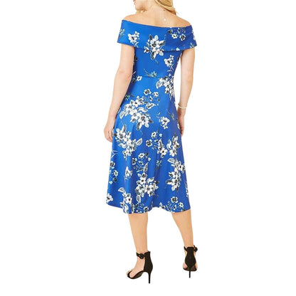 Blue - Back - Mela London Womens-Ladies Floral Off Shoulder Midi Dress