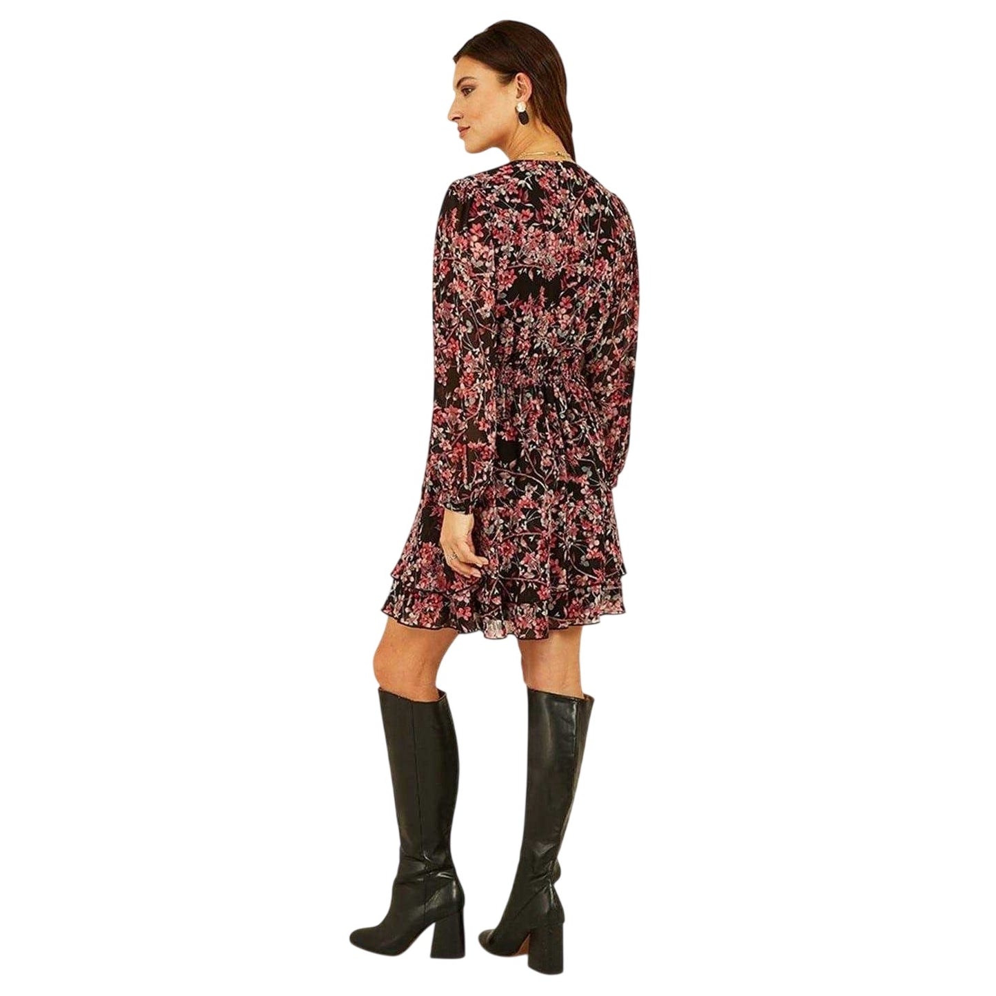 Black-Multicoloured - Back - Mela London Womens-Ladies Blossom V Neck Skater Dress
