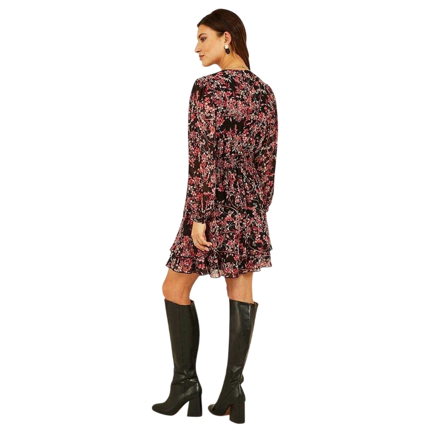 Black-Multicoloured - Back - Mela London Womens-Ladies Blossom V Neck Skater Dress