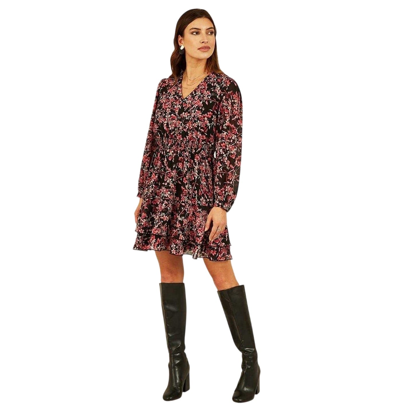 Black-Multicoloured - Side - Mela London Womens-Ladies Blossom V Neck Skater Dress