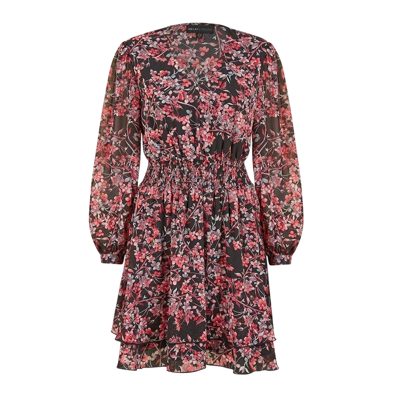 Black-Multicoloured - Front - Mela London Womens-Ladies Blossom V Neck Skater Dress