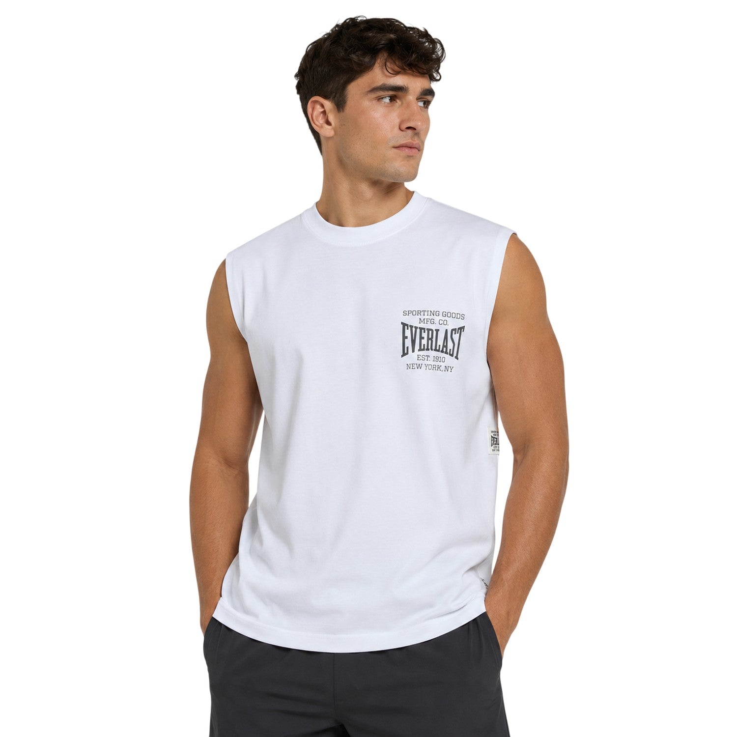 White - Side - Everlast Mens NYC Graphic Print Crew Neck Sleeveless Tank Top