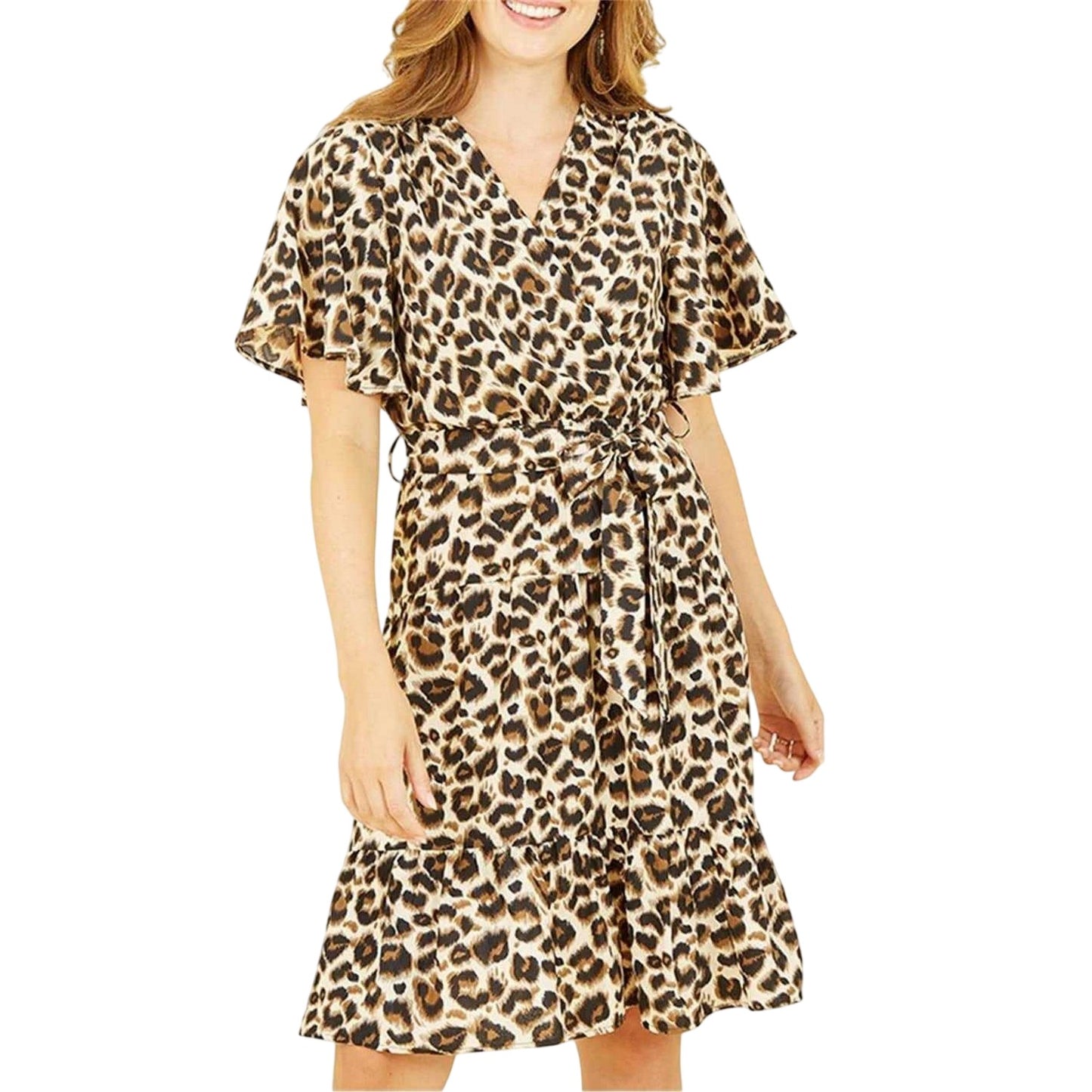 Brown - Side - Mela London Womens-Ladies Leopard Print V Neck Skater Dress