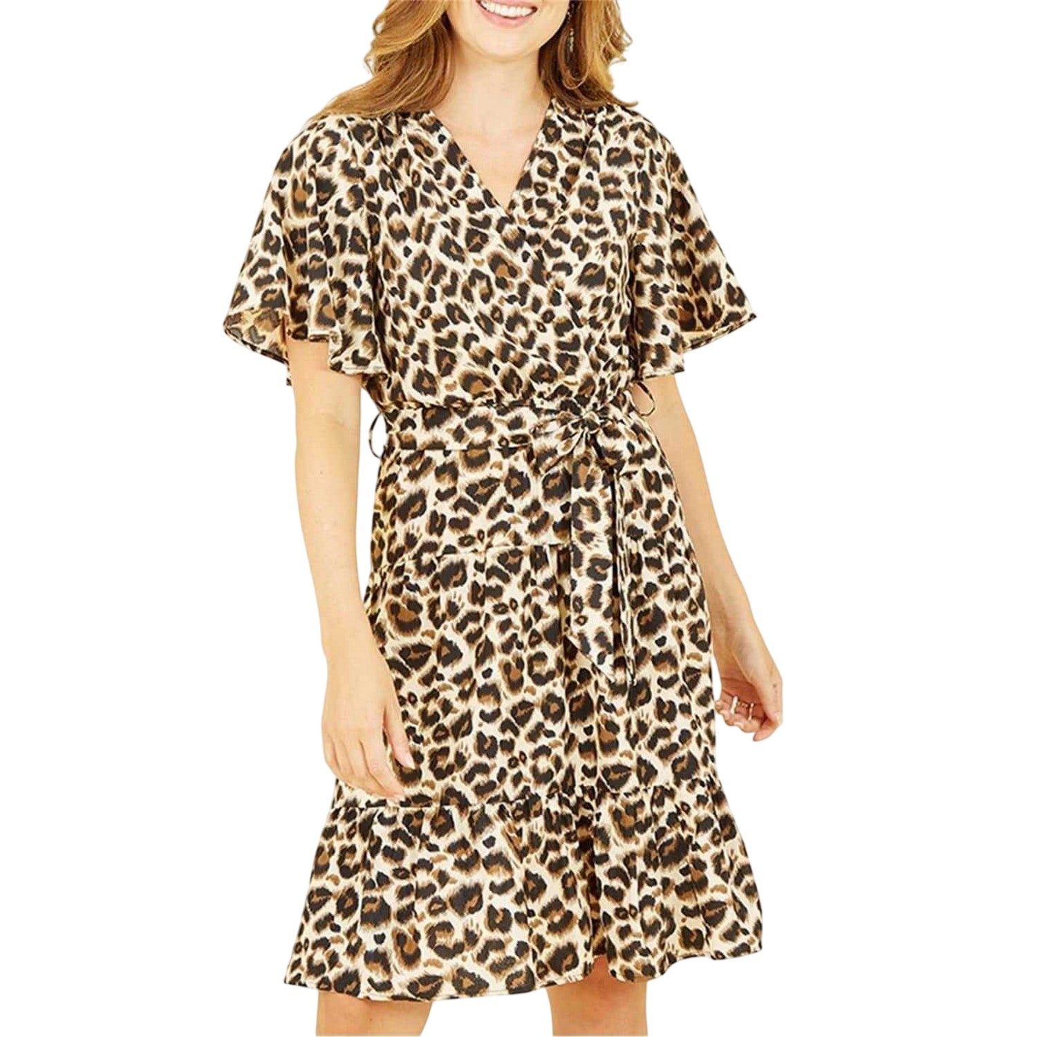 Brown - Side - Mela London Womens-Ladies Leopard Print V Neck Skater Dress