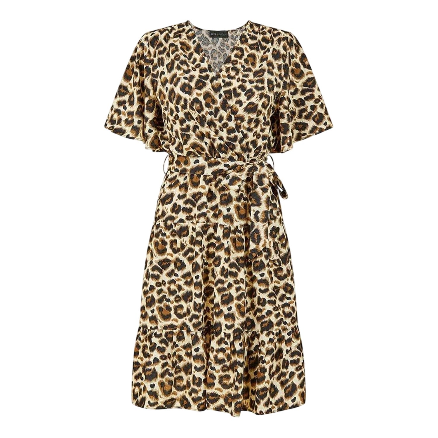 Brown - Front - Mela London Womens-Ladies Leopard Print V Neck Skater Dress