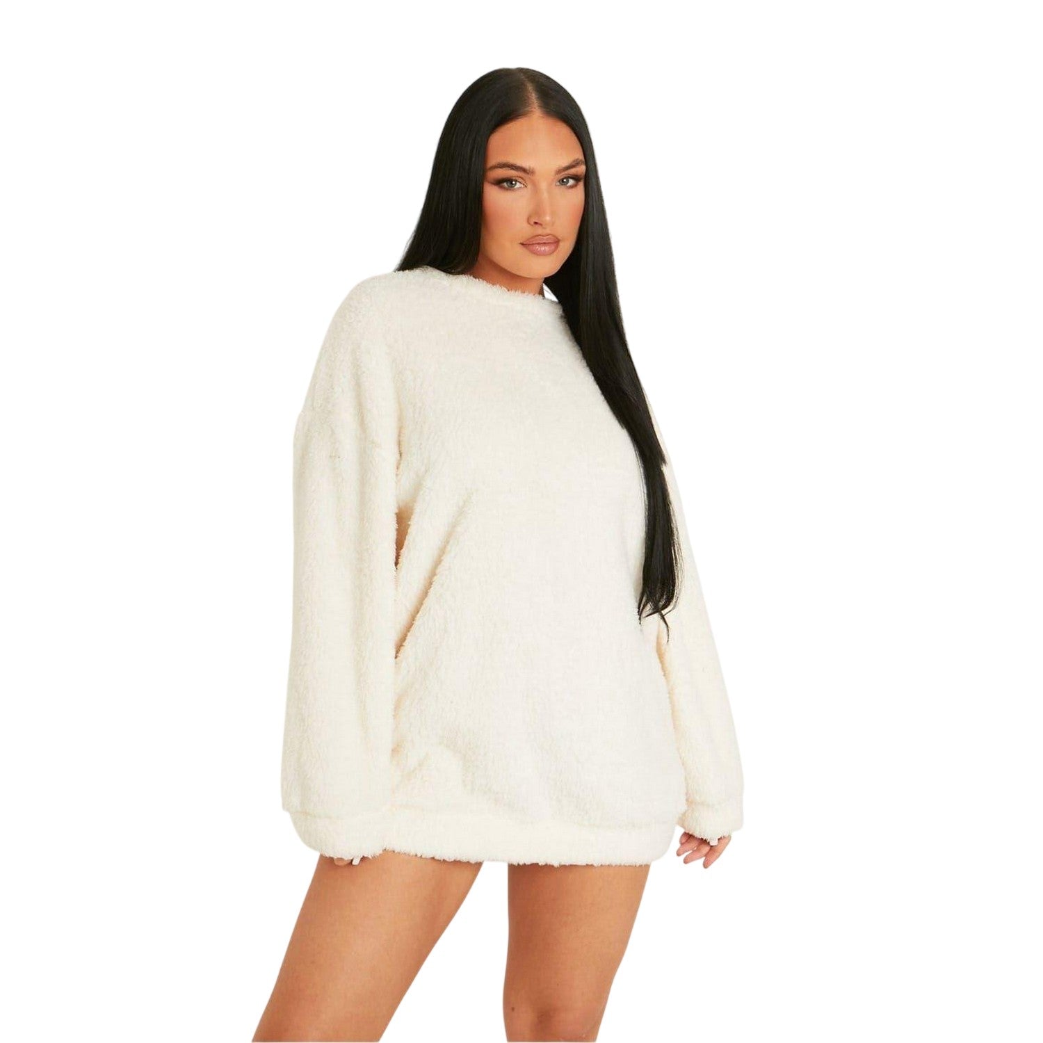Cream - Back - Missy Empire Womens-Ladies Borg Jumper Dress