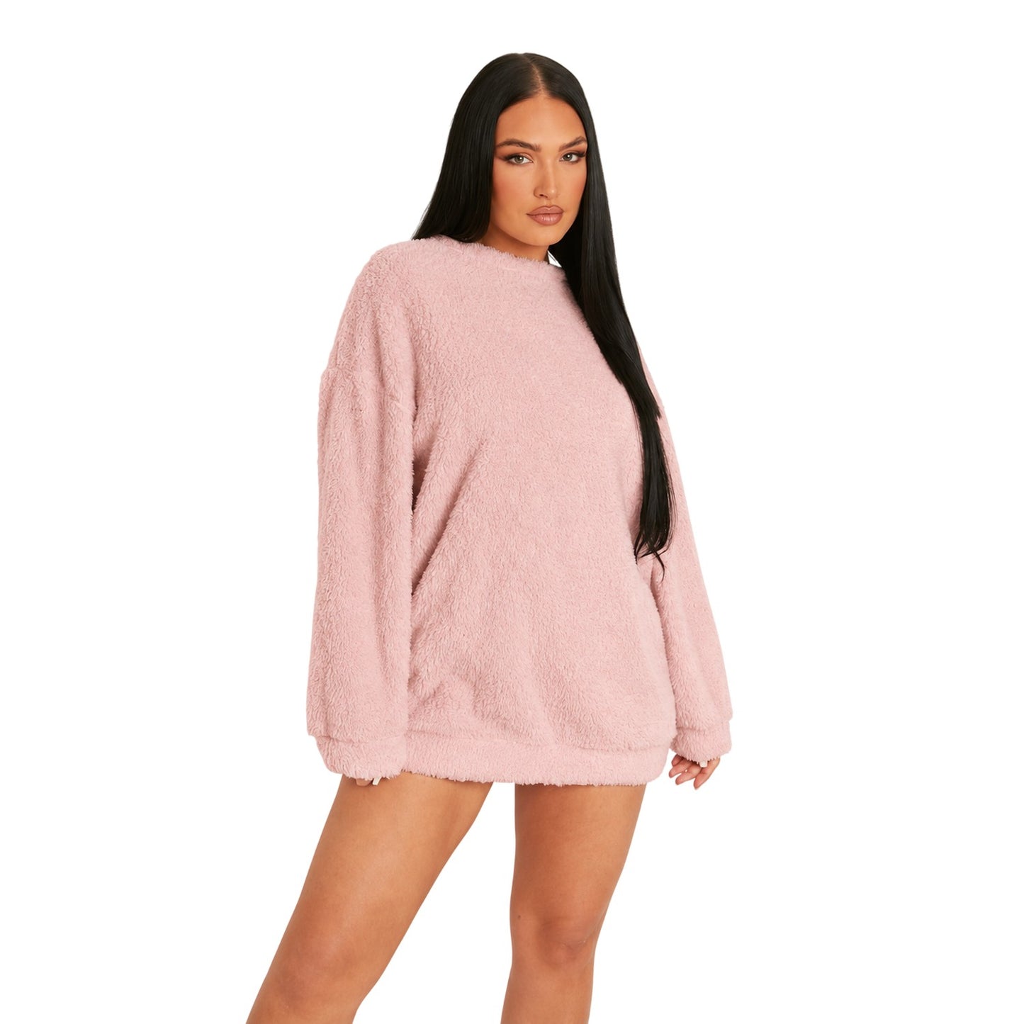 Pink - Back - Missy Empire Womens-Ladies Borg Jumper Dress