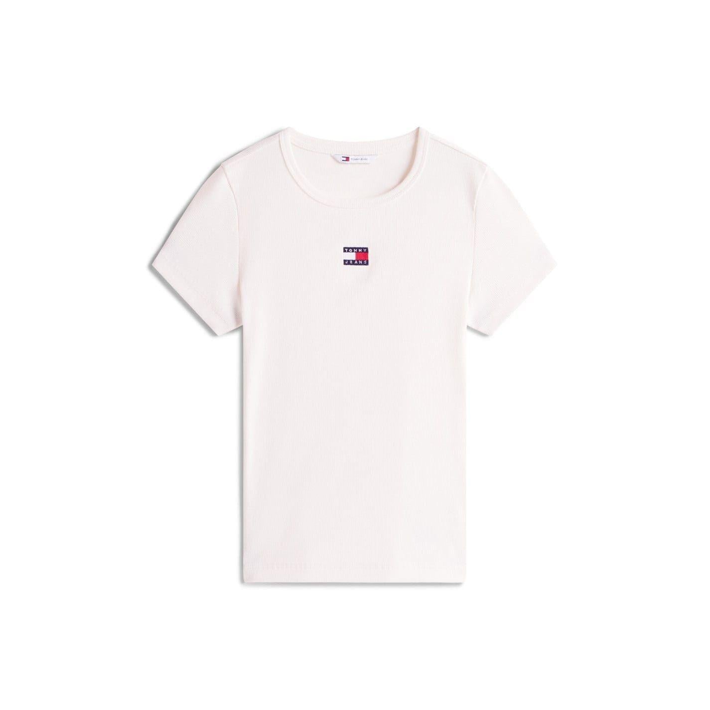 Antique White - Front - Tommy Jeans Womens-Ladies Badge Ribbed Regular T-Shirt
