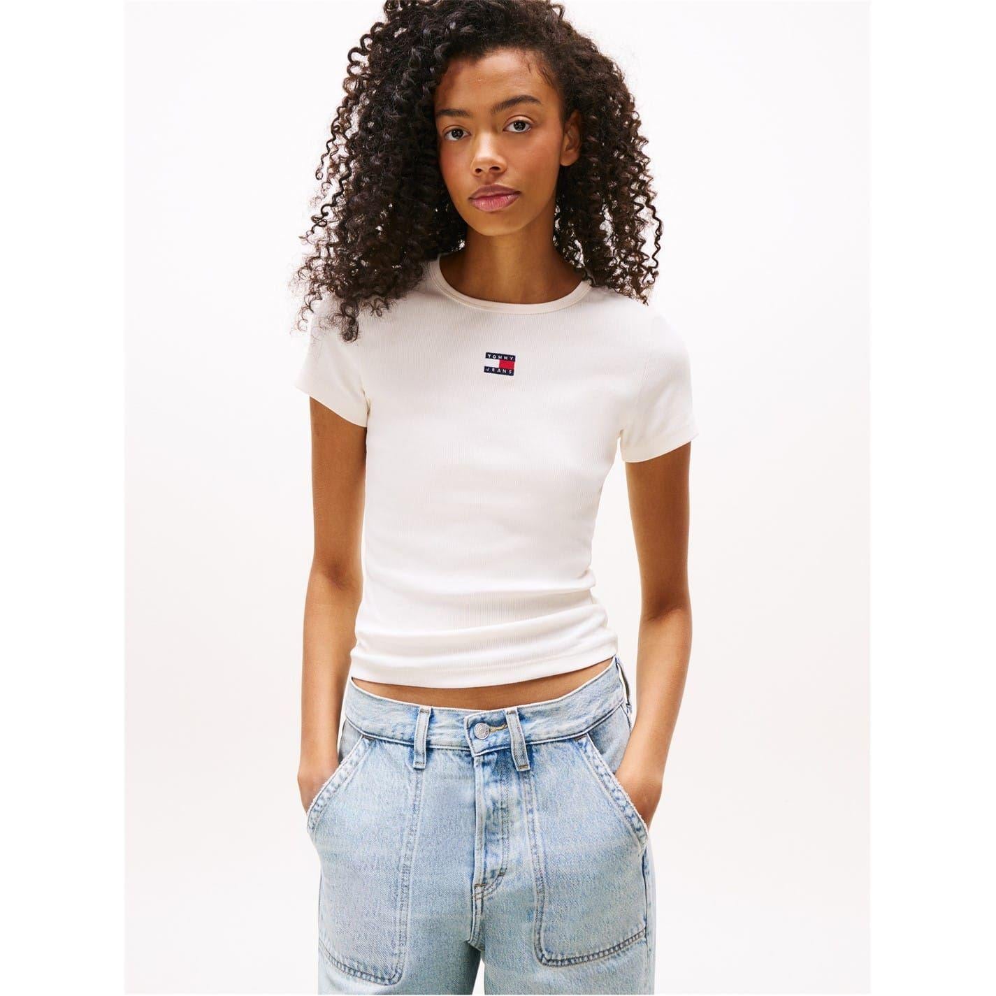 Antique White - Back - Tommy Jeans Womens-Ladies Badge Ribbed Regular T-Shirt