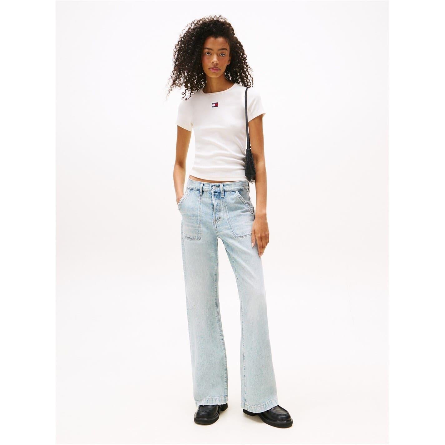 Antique White - Side - Tommy Jeans Womens-Ladies Badge Ribbed Regular T-Shirt